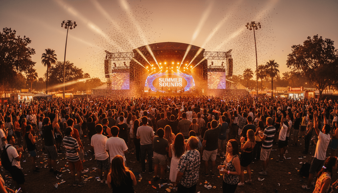 Outdoor music festival crowd at dusk with stage lights glowing
