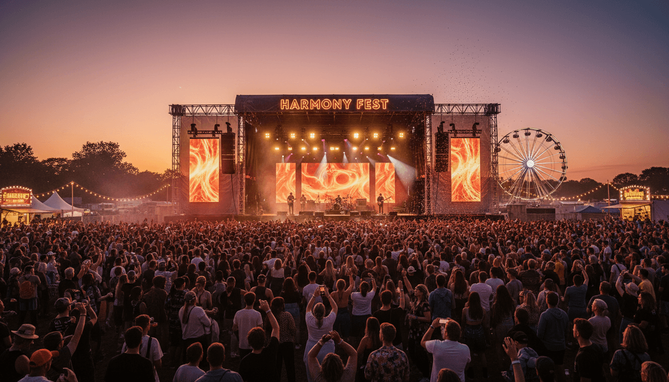 Evening crowd at an outdoor music festival with stage lights glowing
