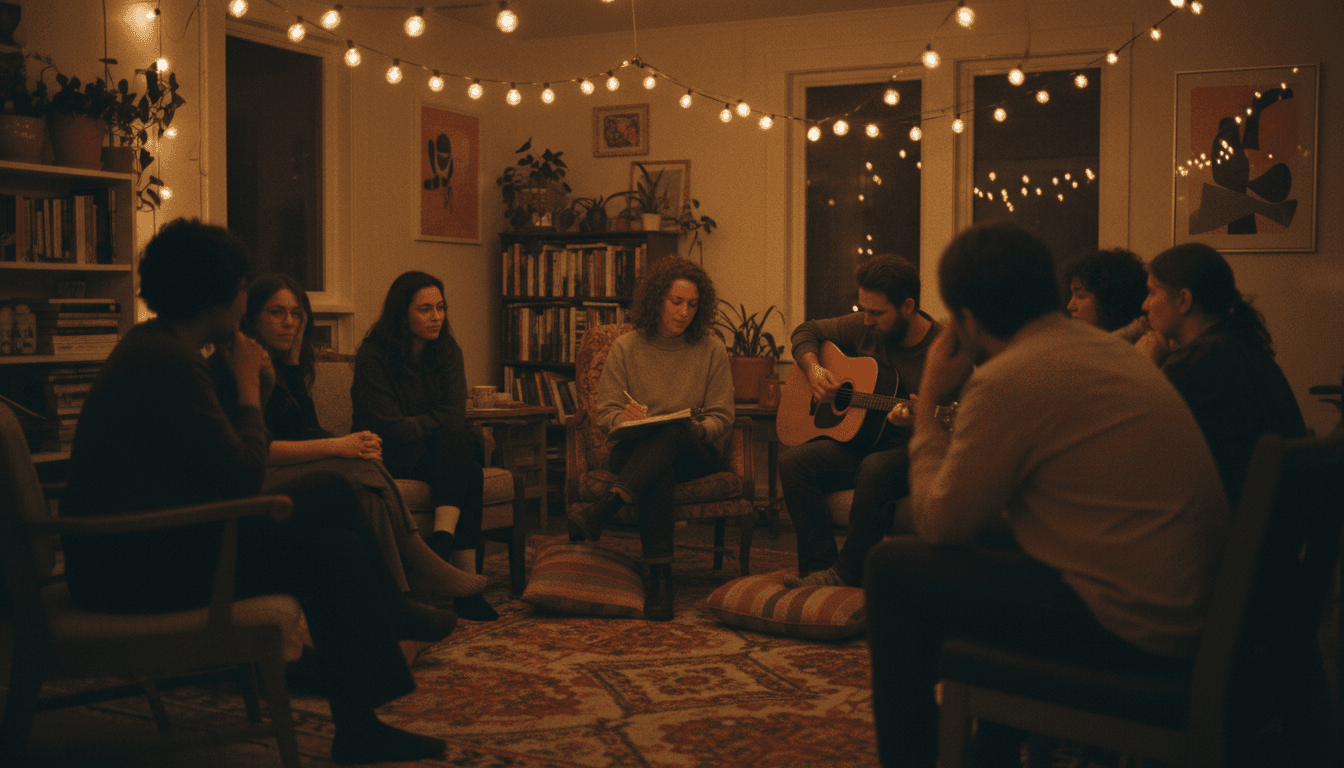Small group of songwriters gathered in a warmly lit room, holding notebooks and a guitar