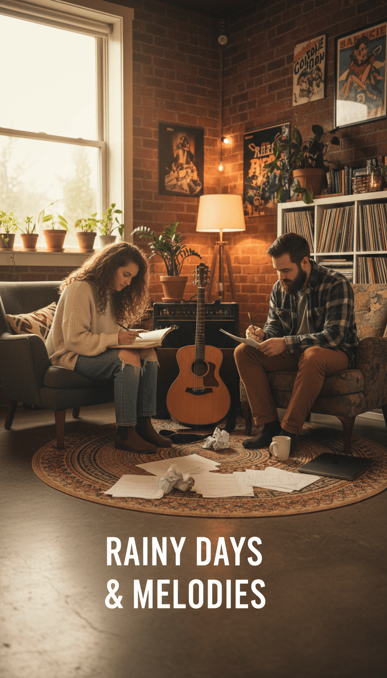 Two musicians sitting together in a cozy Portland studio, writing lyrics on paper with acoustic guitar nearby