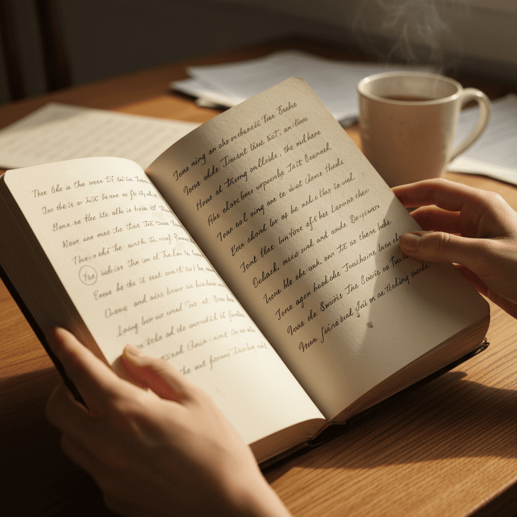Lyricist writing in a worn notebook at a wooden table with warm lamp light