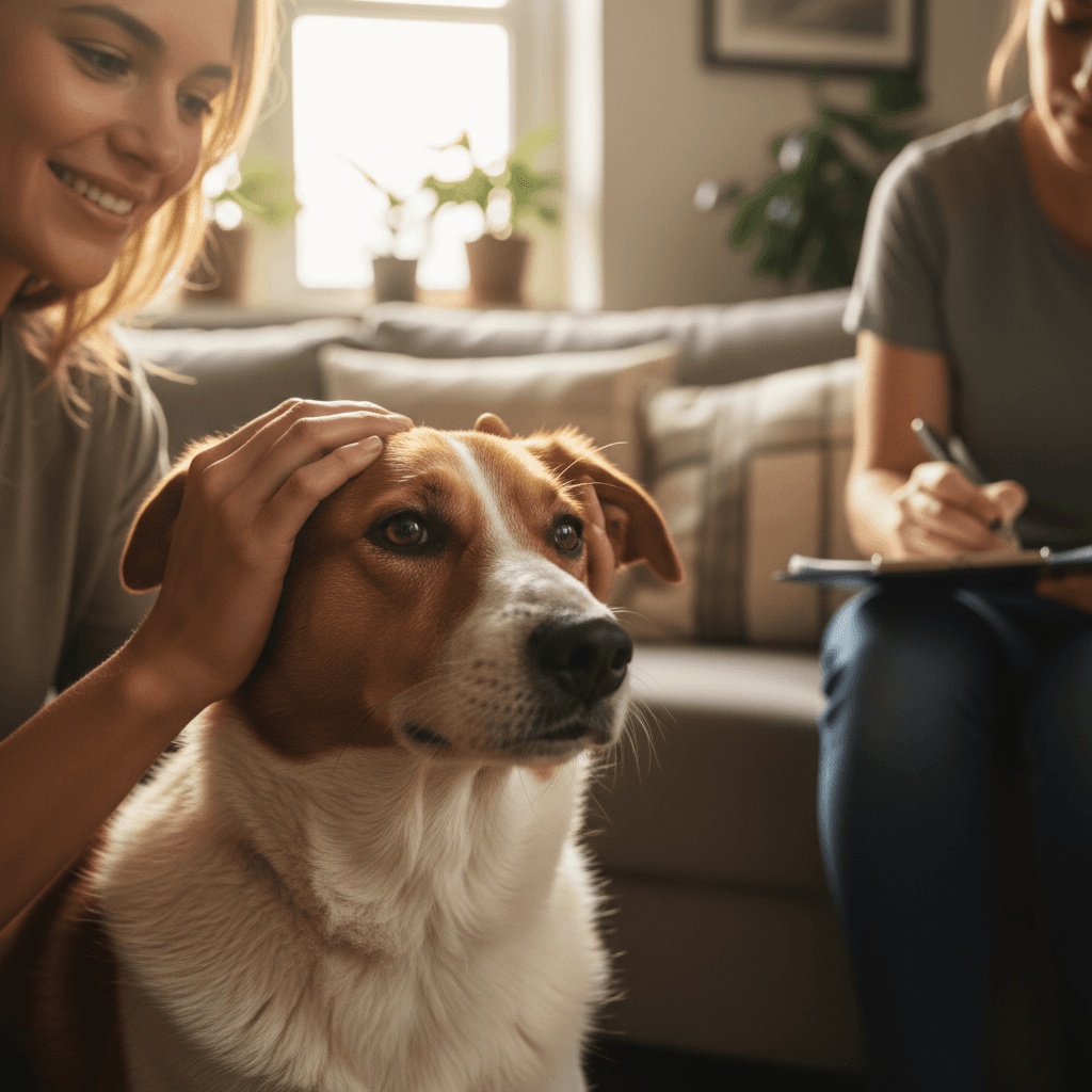 Dog owner gently stroking anxious rescue dog while trainer observes during consultation session