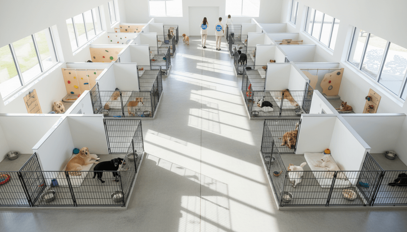 Bright, spacious indoor kennel facility with organized dog enclosures, toys, and professional staff caring for dogs of various breeds