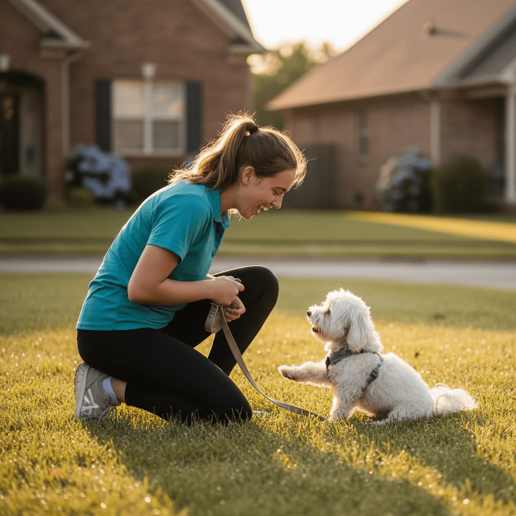 Dog walker kneeling to play with a small dog on a sunny residential lawn, showing personal care and attention