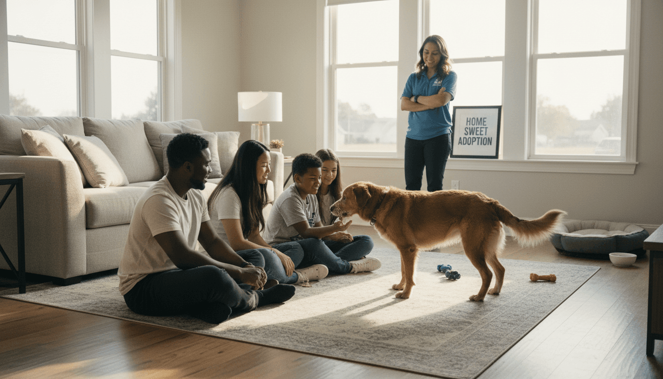Diverse family meeting their newly matched rescue dog in bright living room, dog showing calm relaxed behavior with family
