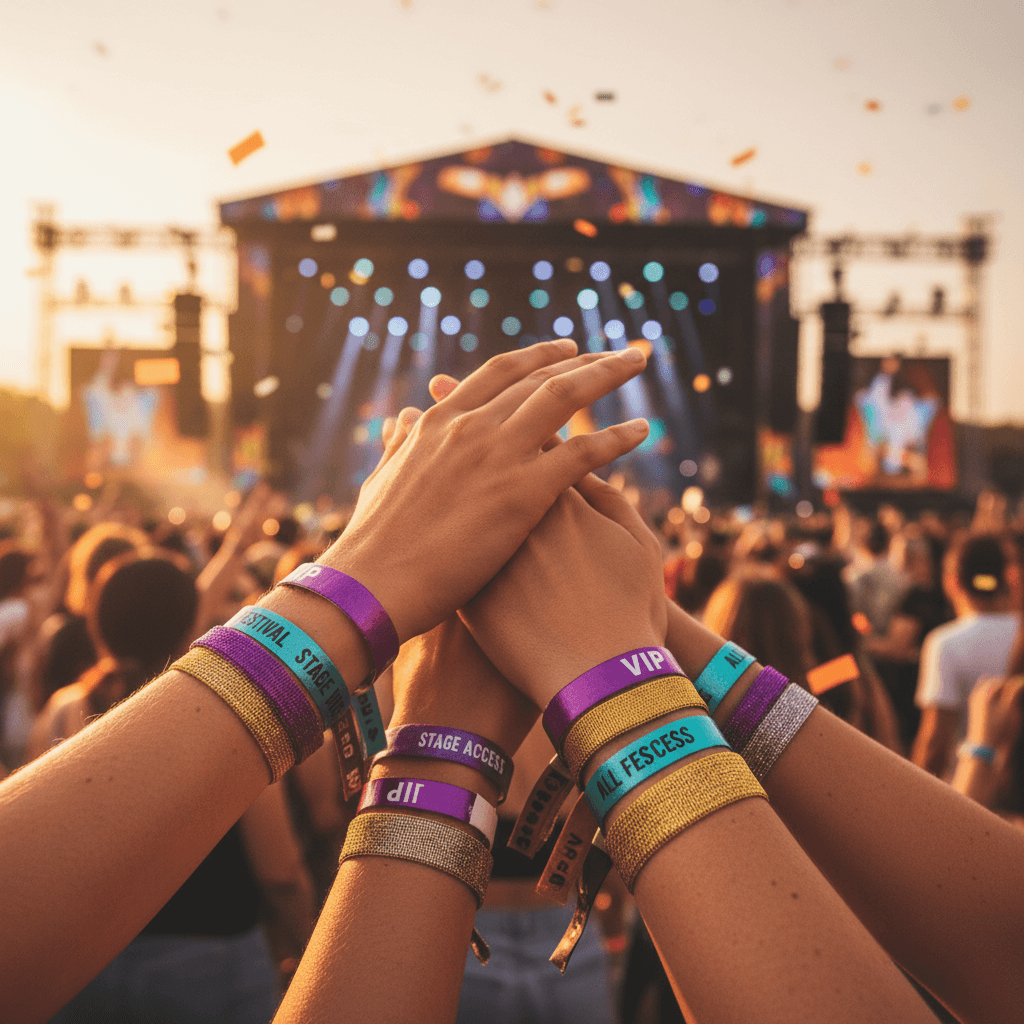 Diverse festival attendees holding colorful tiered wristbands together in celebration under golden hour lighting