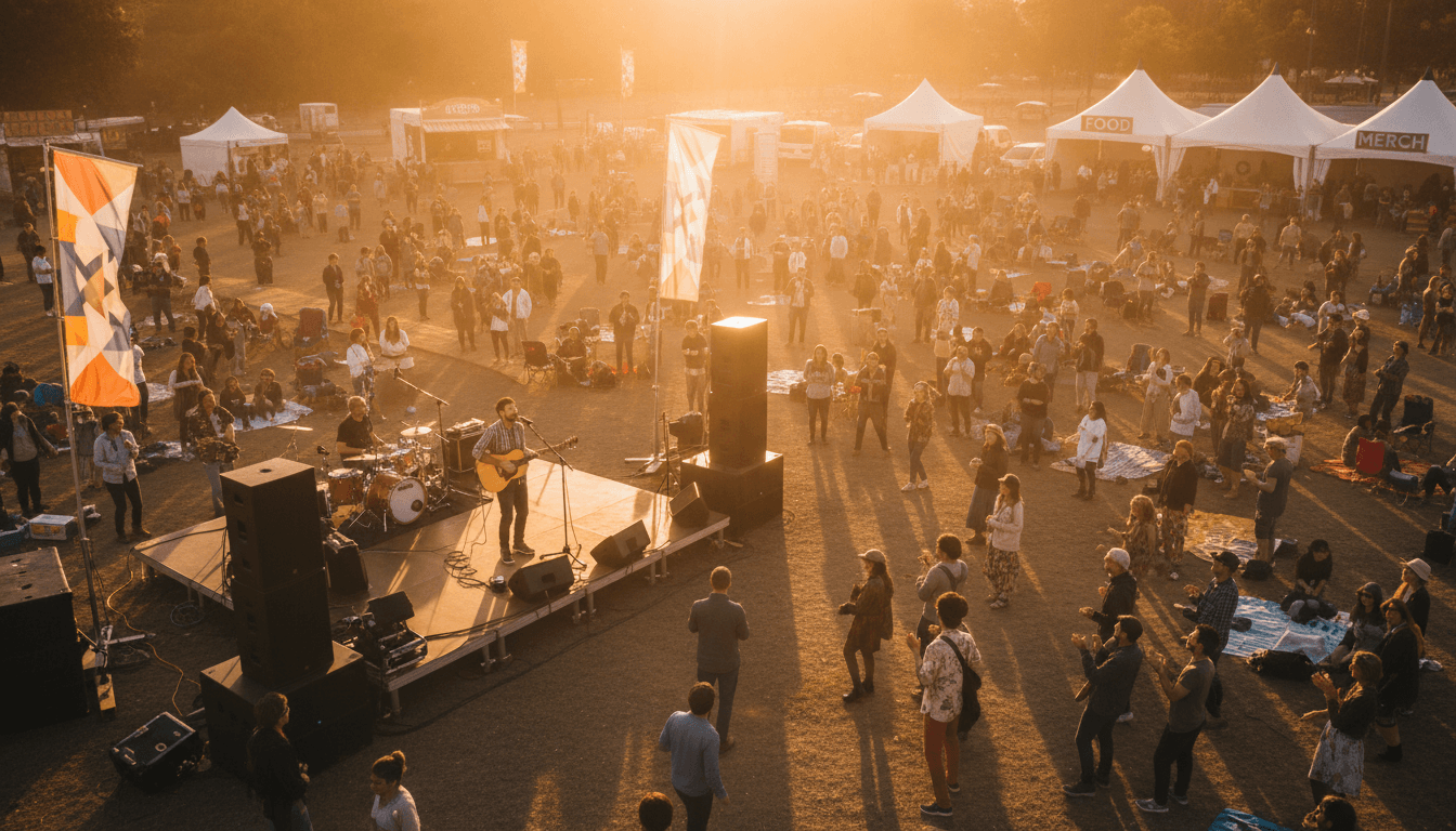 Overhead view of outdoor music festival during golden hour with multiple musicians and audience gathered