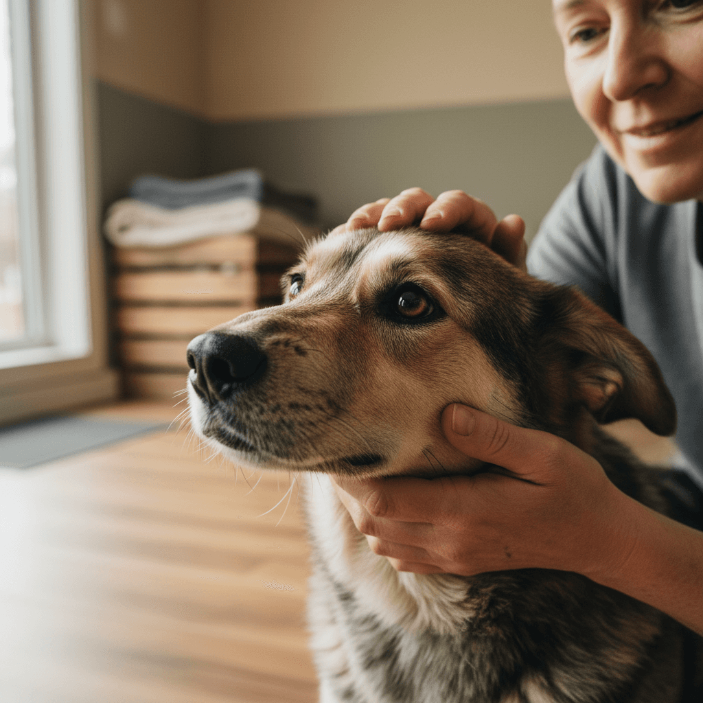 Volunteer's hands gently petting a rescued dog's head in a sunlit shelter room, capturing human-animal compassion and trust