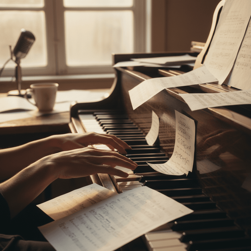 Hands holding a notebook with handwritten lyrics in a dimly lit music studio