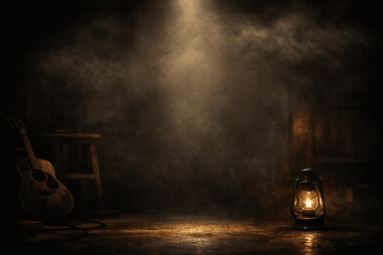 Acoustic guitar and lit lantern in a dark, smoky room under a single spotlight.