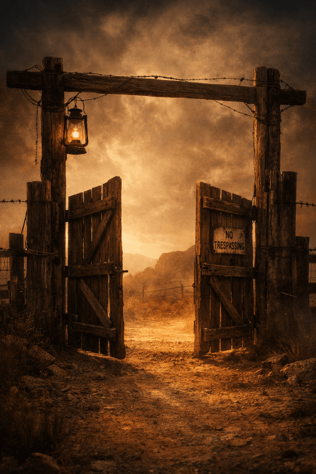 Open wooden gate with a lit lantern and no trespassing sign under golden skies.