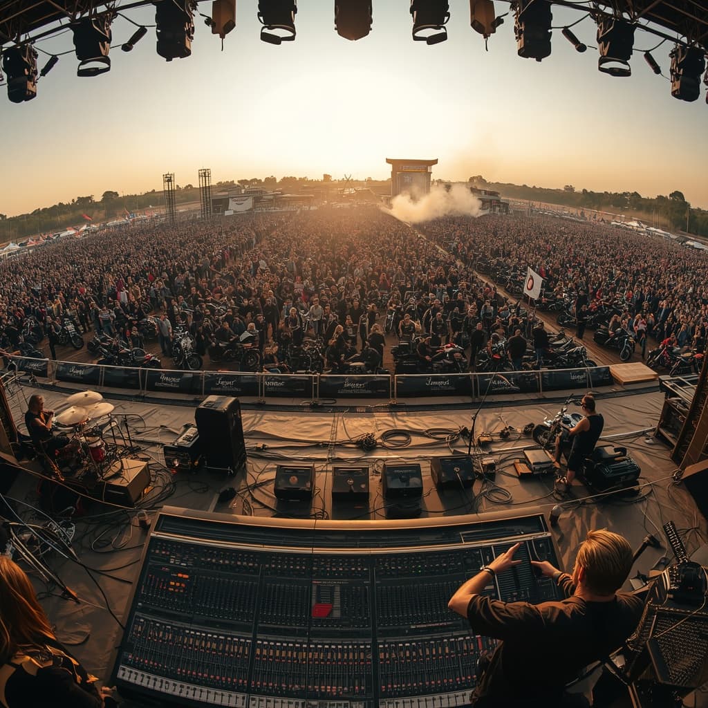 Sound engineer at a mixing console overlooking a massive outdoor festival crowd at sunset.