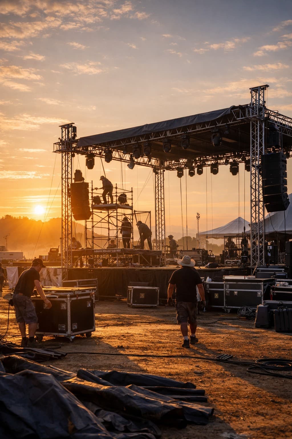 Crew members assemble a large outdoor concert stage and lighting rig during a golden sunrise.